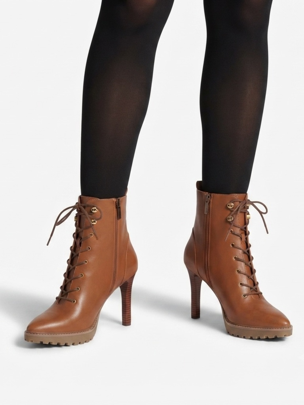 NIB Michael Kors Kyle Luggage Brown Leather Lug Sole Heel Booties 8.5